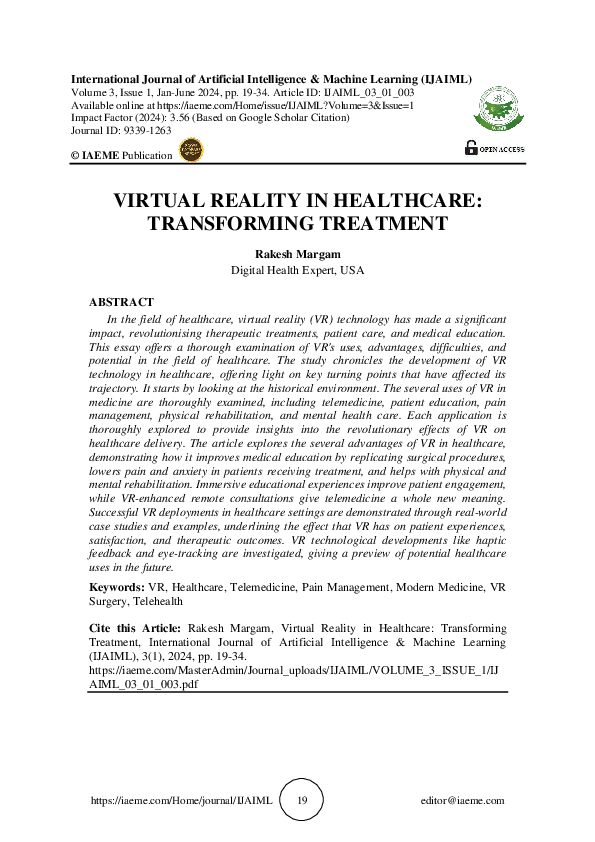 (PDF) VIRTUAL REALITY IN HEALTHCARE: TRANSFORMING TREATMENT