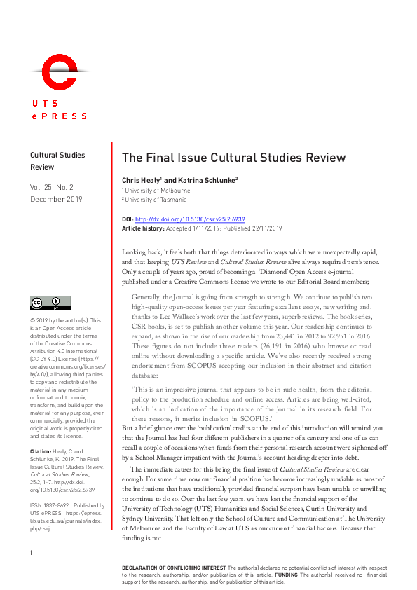 (PDF) The Final Issue Cultural Studies Review