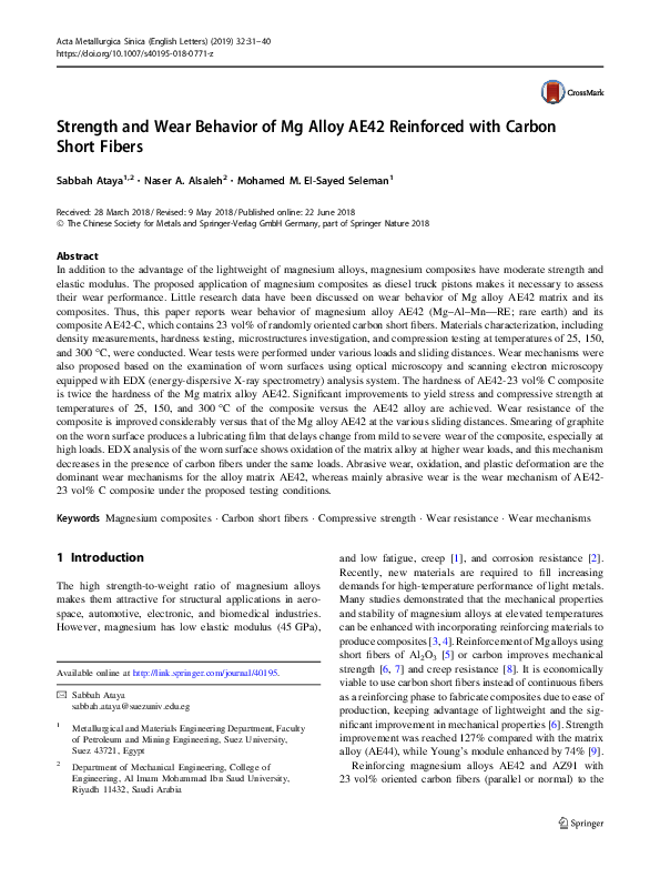 (PDF) Strength and Wear Behavior of Mg Alloy AE42 Reinforced with ...