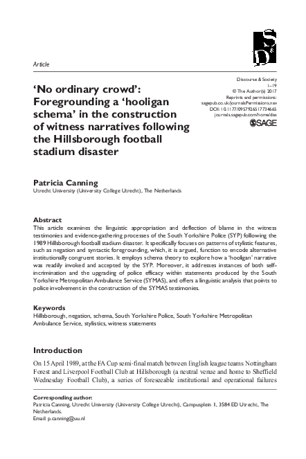 (PDF) ‘No ordinary crowd’: Foregrounding a ‘hooligan schema’ in the ...