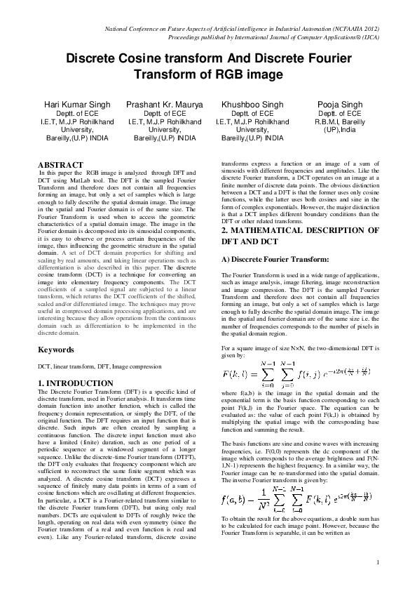 (PDF) Discrete Cosine transform And Discrete Fourier Transform of RGB image