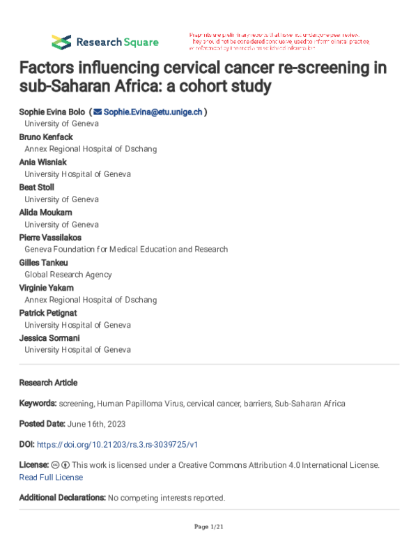 (PDF) Factors influencing cervical cancer re-screening in sub-Saharan ...