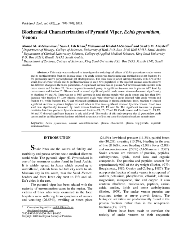 (PDF) Biochemical characterization of pyramid viper, Echis pyramidum, venom