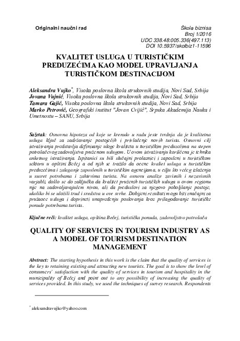 (PDF) Quality of services in tourism industry as a model of tourism ...