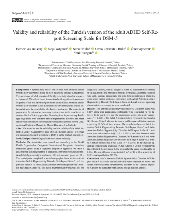 (PDF) Validity and Reliability of the Turkish Version of the Adult ADHD ...