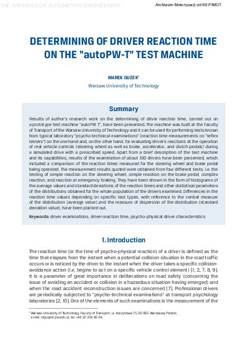 (PDF) Determining of driver reaction time on the “autoPW-T” test ...