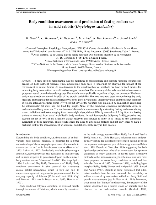 (PDF) Body condition assessment and prediction of fasting endurance in ...