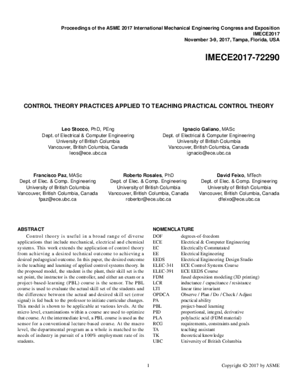 (PDF) Control Theory Practices Applied to Teaching Practical Control Theory