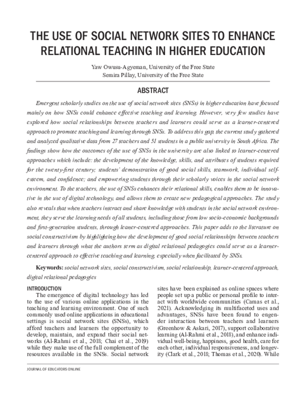 (PDF) The use of Social Network Sites to enhance Relational Teaching in ...
