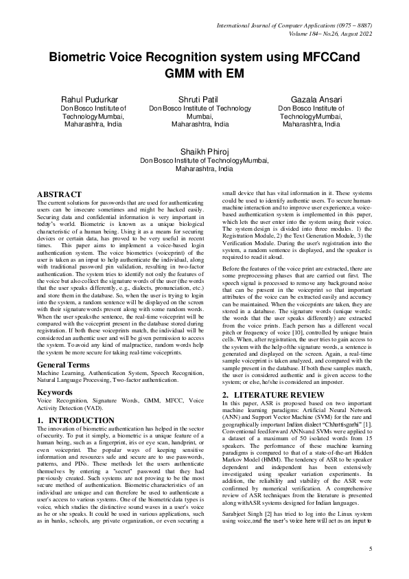 (PDF) Biometric Voice Recognition system using MFCC and GMM with EM