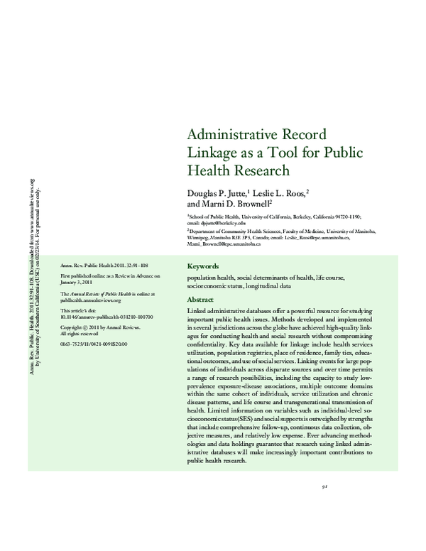 (PDF) Administrative Record Linkage as a Tool for Public Health Research