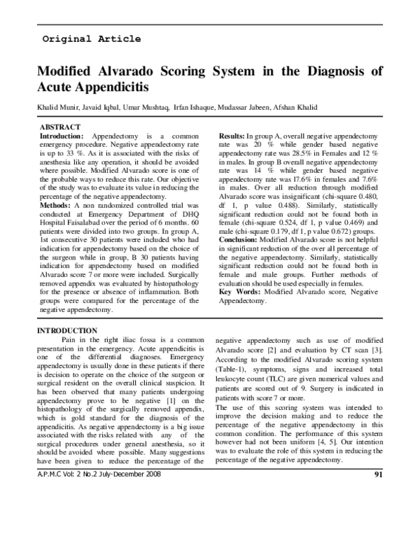(PDF) Modified Alvarado Scoring System in the Diagnosis of Acute ...