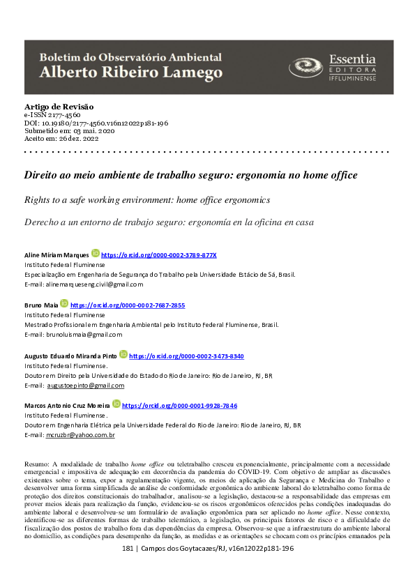 (PDF) Direito ao meio ambiente de trabalho seguro: ergonomia no home office