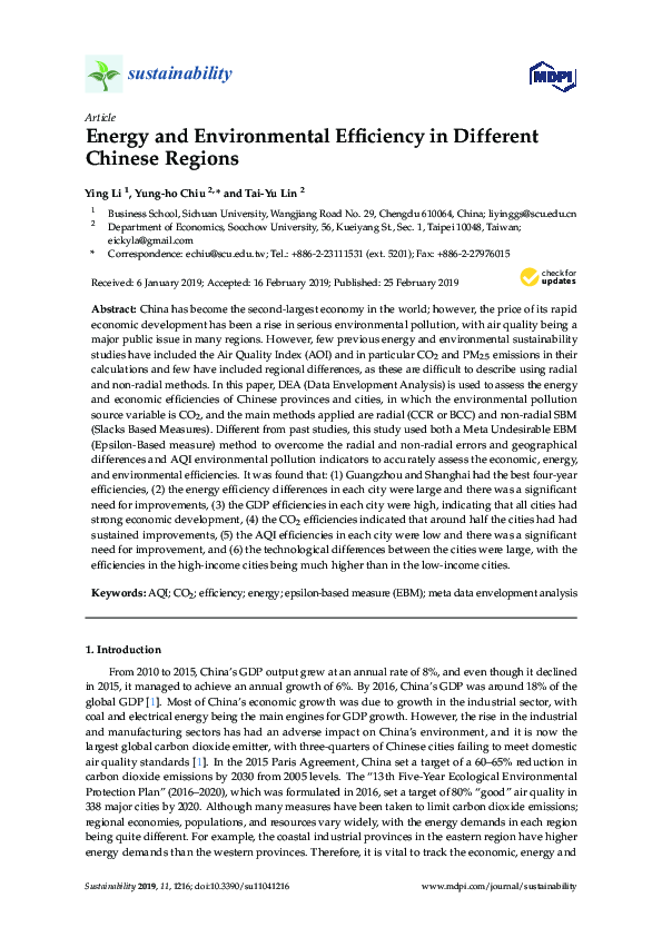 (PDF) Energy and Environmental Efficiency in Different Chinese Regions