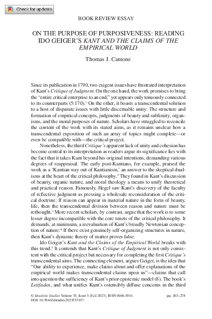 (PDF) ON THE PURPOSE OF PURPOSIVENESS: READING IDO GEIGER’S KANT AND ...