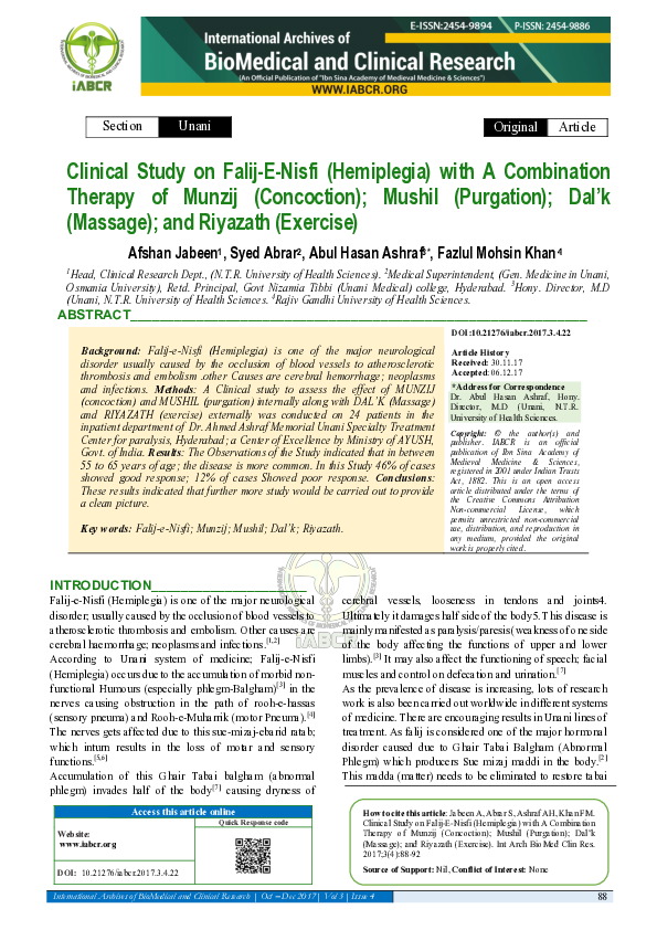 (PDF) Clinical Study on Falij-E-Nisfi (Hemiplegia) with A Combination ...