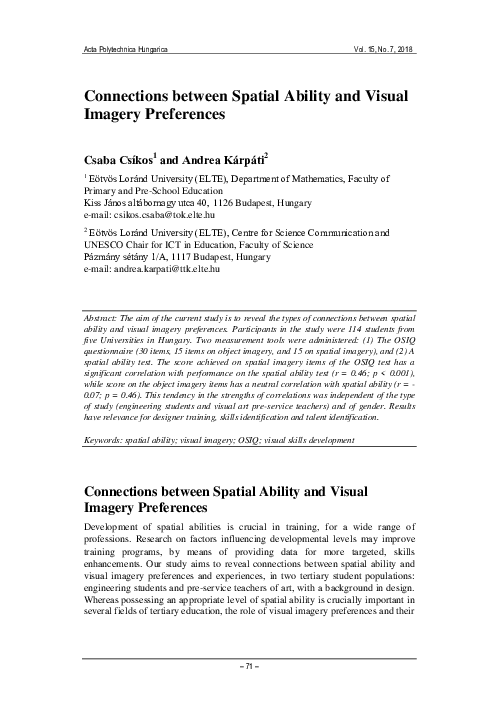 (PDF) Connections between Spatial Ability and Visual Imagery Preferences