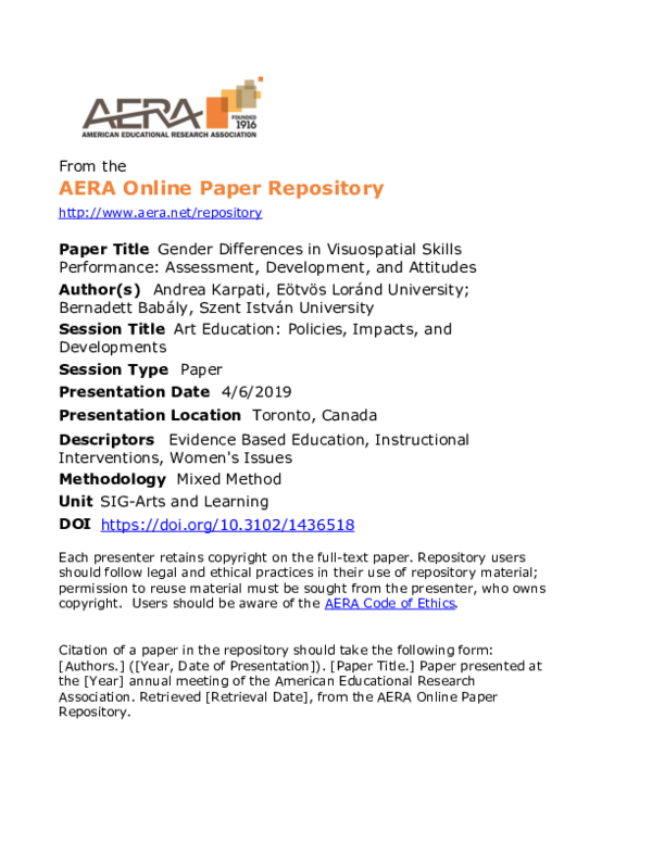 (PDF) Gender Differences in Visuospatial Skills Performance: Assessment ...