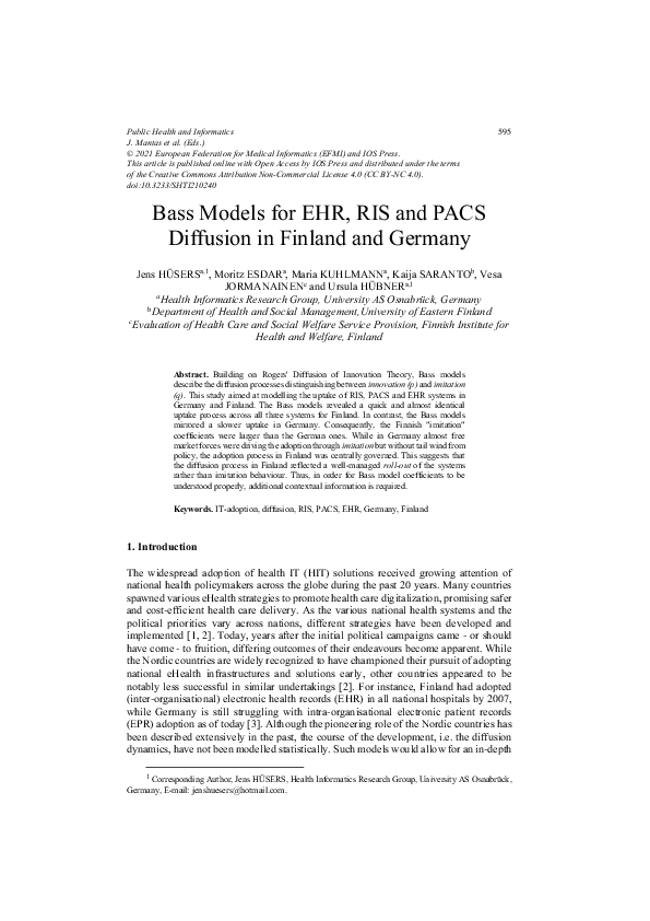 (PDF) Bass Models for EHR, RIS and PACS Diffusion in Finland and Germany