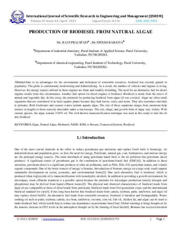 (PDF) Production of Biodiesel from Natural Algae