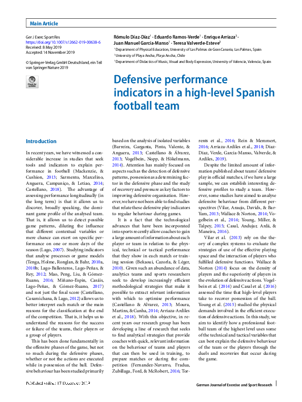 (PDF) Defensive performance indicators in a high-level Spanish football ...