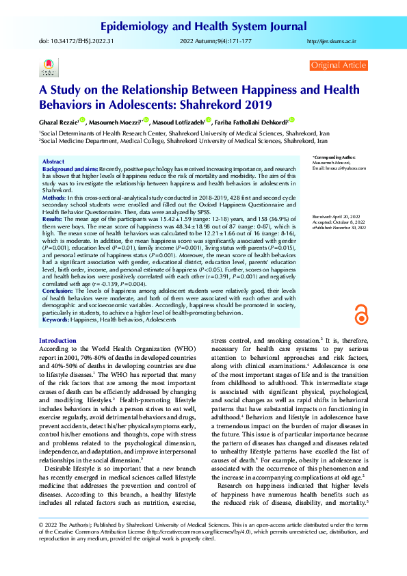 (PDF) A Study on the Relationship Between Happiness and Health ...