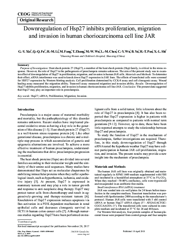 (PDF) Downregulation of Hsp27 inhibits proliferation, migration and ...