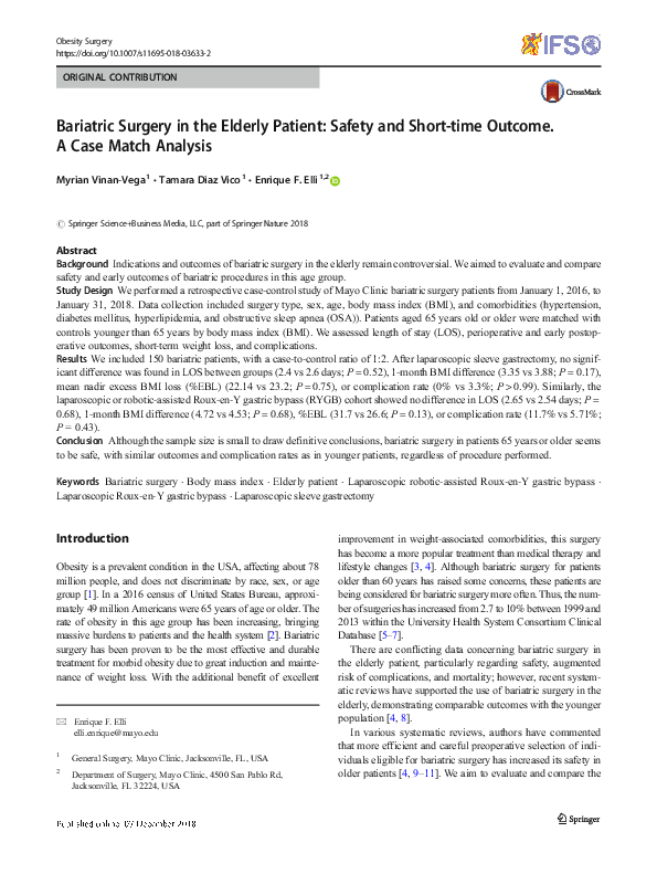 (PDF) Bariatric Surgery in the Elderly Patient: Safety and Short-time ...