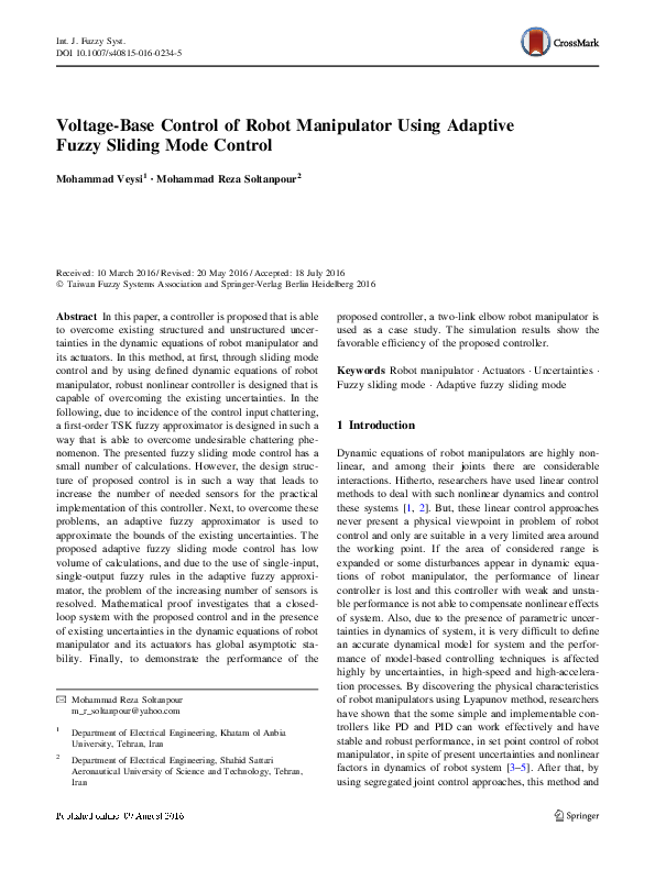 (PDF) Voltage-Base Control of Robot Manipulator Using Adaptive Fuzzy ...