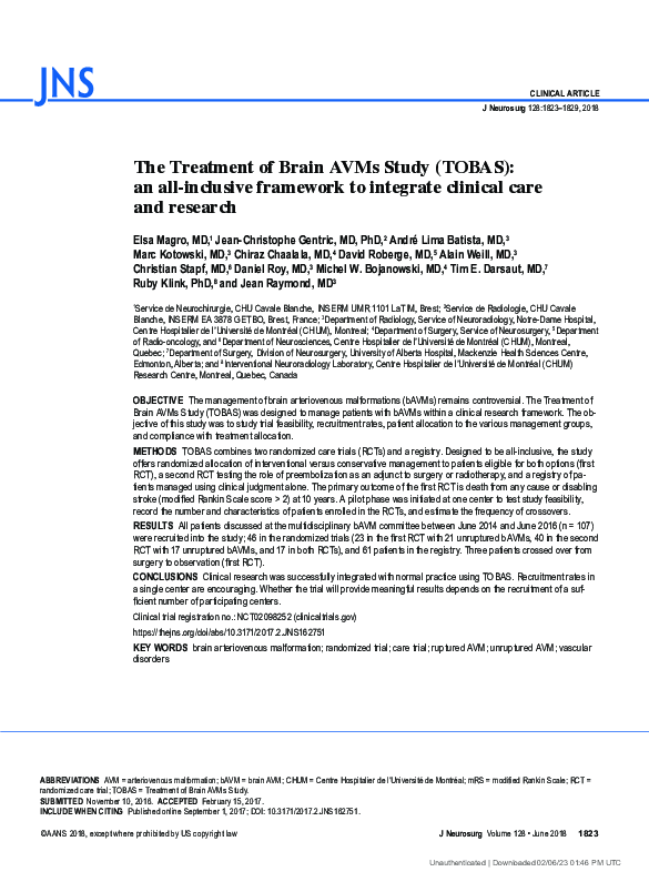 (PDF) The Treatment of Brain AVMs Study (TOBAS): an all-inclusive ...