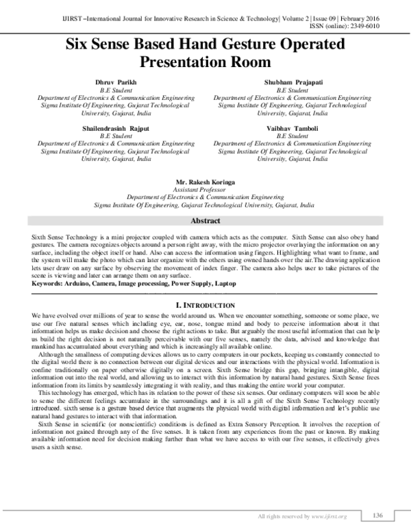 (PDF) Six Sense Based Hand Gesture Operated Presentation Room