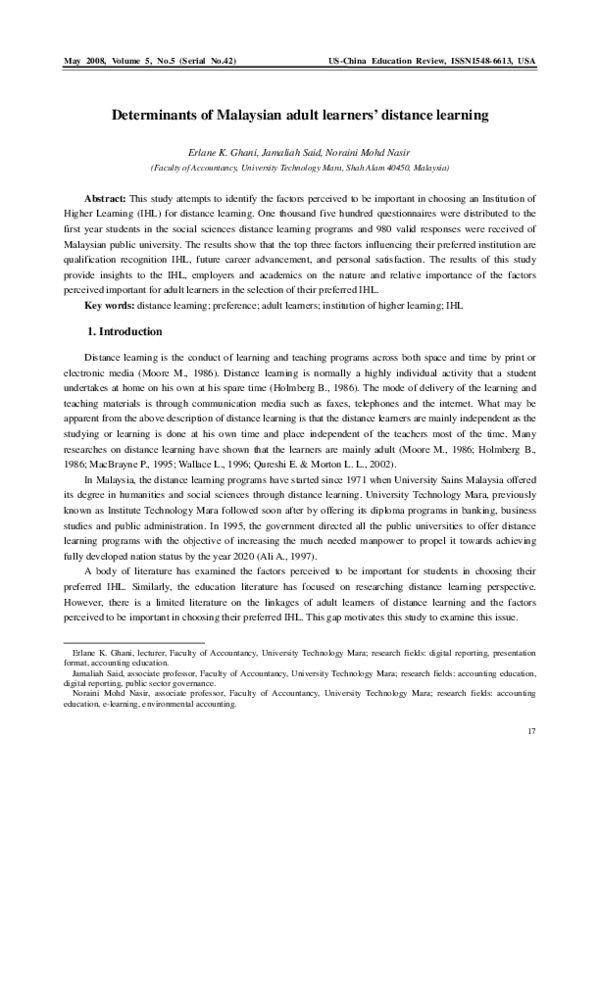 (PDF) Determinants of Malaysian adult learners' distance learning