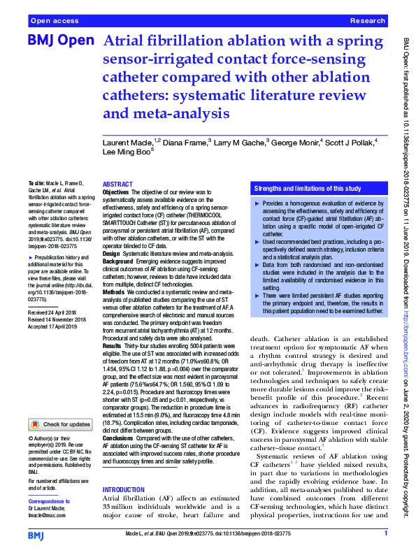 (PDF) Atrial fibrillation ablation with a spring sensor-irrigated ...