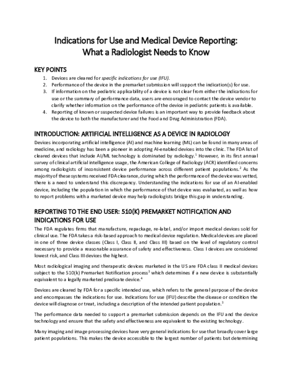 (PDF) Indications for Use and Medical Device Reporting: What a ...