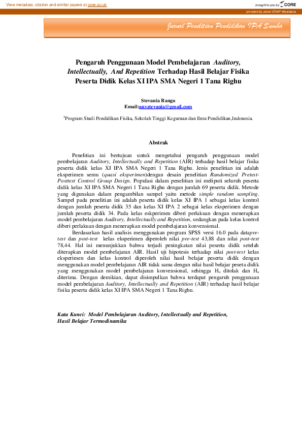 (PDF) Pengaruh Penggunaan Model Pembelajaran Auditory, Intellectually ...