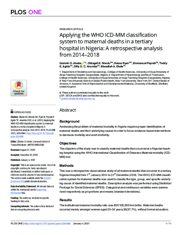 (PDF) Applying the WHO ICD-MM classification system to maternal deaths ...