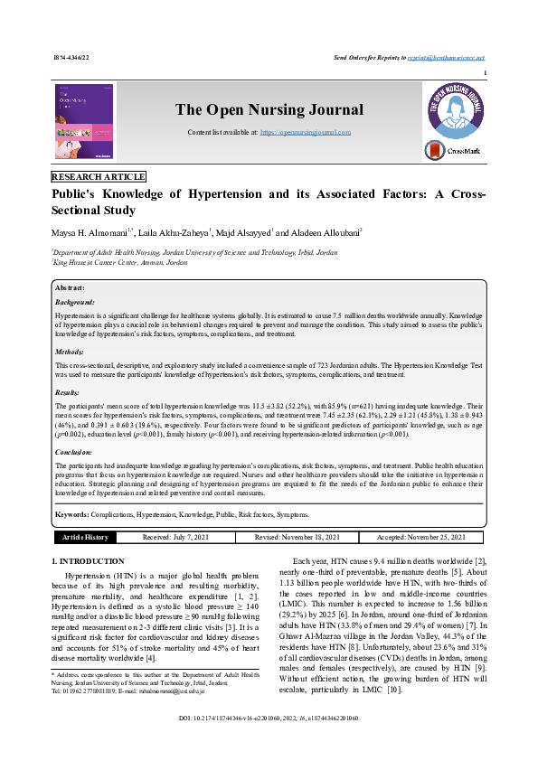 (PDF) Public's Knowledge of Hypertension and its Associated Factors: A ...