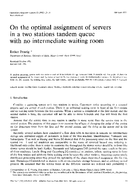 (PDF) On the optimal assignment of servers in a two stations tandem ...