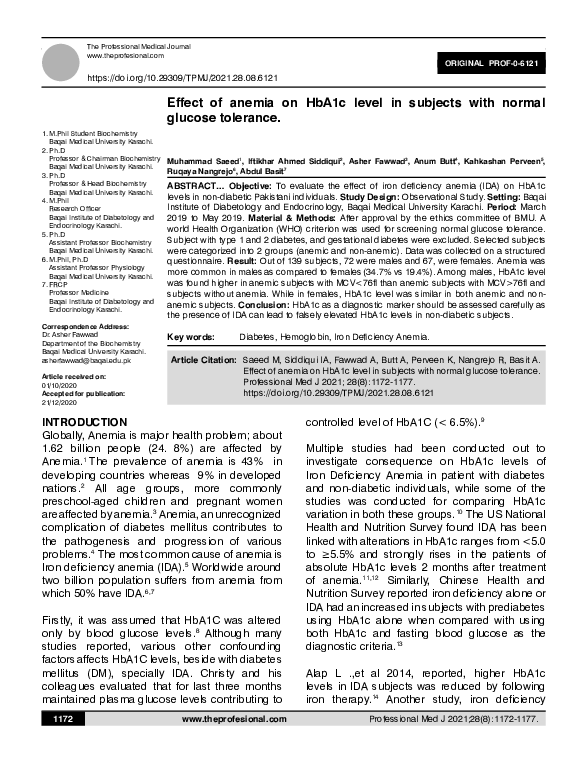 (PDF) Effect of anemia on HbA1c level in subjects with normal glucose ...