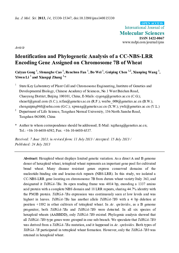 (PDF) Identification and phylogenetic analysis of a CC-NBS-LRR encoding ...
