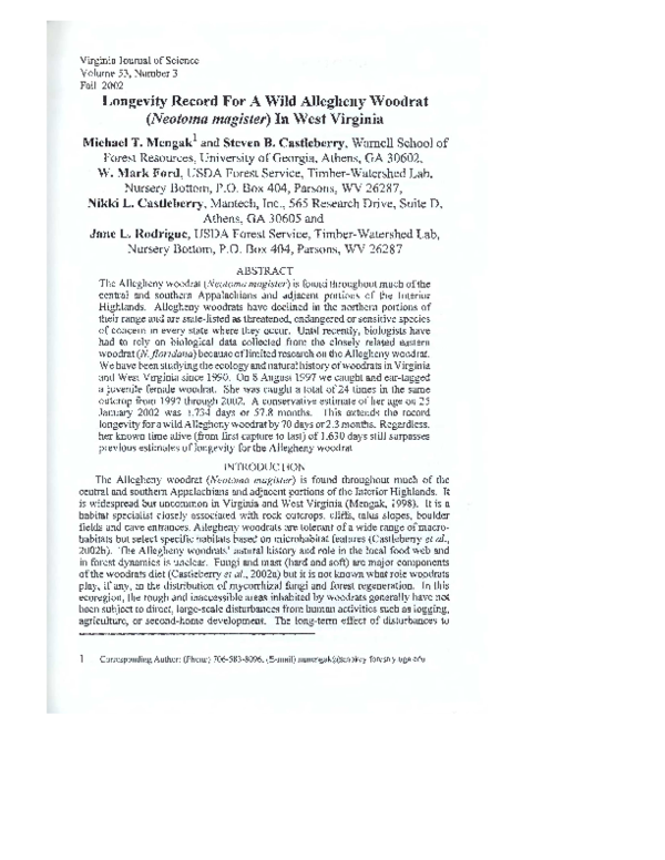 (PDF) Longevity Record for a Wild Allegheny Woodrat (Neotama magister ...