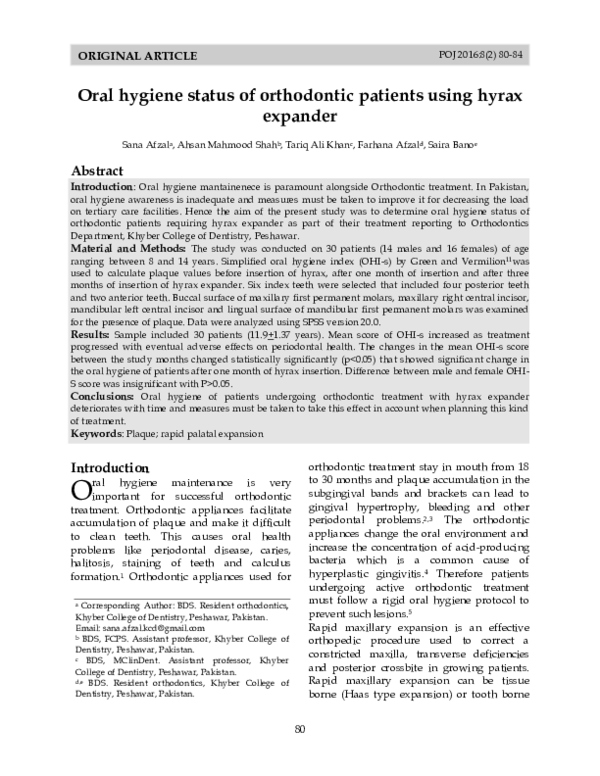 (PDF) Oral hygiene status of orthodontic patients using hyrax expander