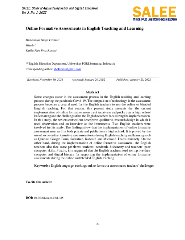 (PDF) Online Formative Assessments in English Teaching and Learning