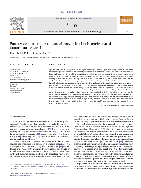 (PDF) Entropy generation due to natural convection in discretely heated ...