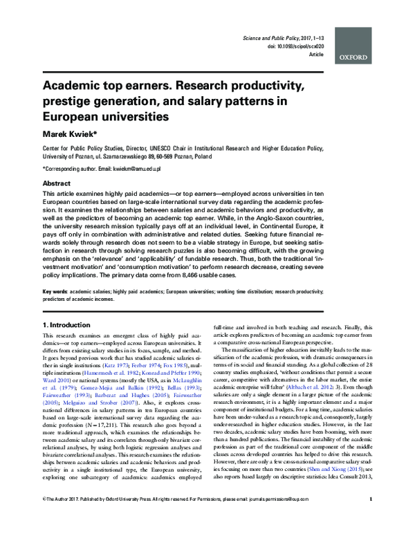 (PDF) Academic top earners. Research productivity, prestige generation ...