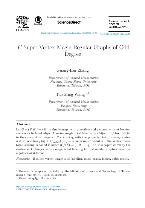 (PDF) E-Super Vertex Magic Regular Graphs of Odd Degree