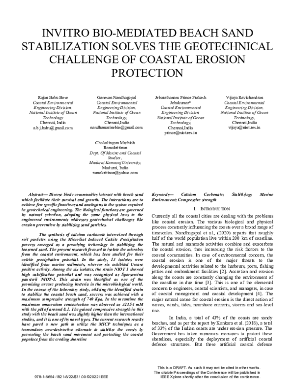 (PDF) INVITRO BIO-MEDIATED BEACH SAND STABILIZATION SOLVES THE ...