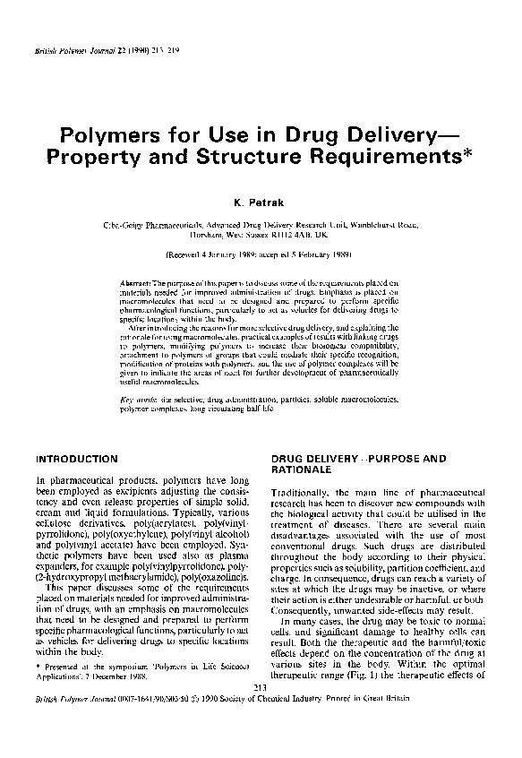 (PDF) Polymers for use in drug delivery—property and structure requirements