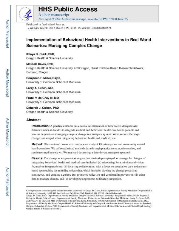 (PDF) Implementation of behavioral health interventions in real world ...