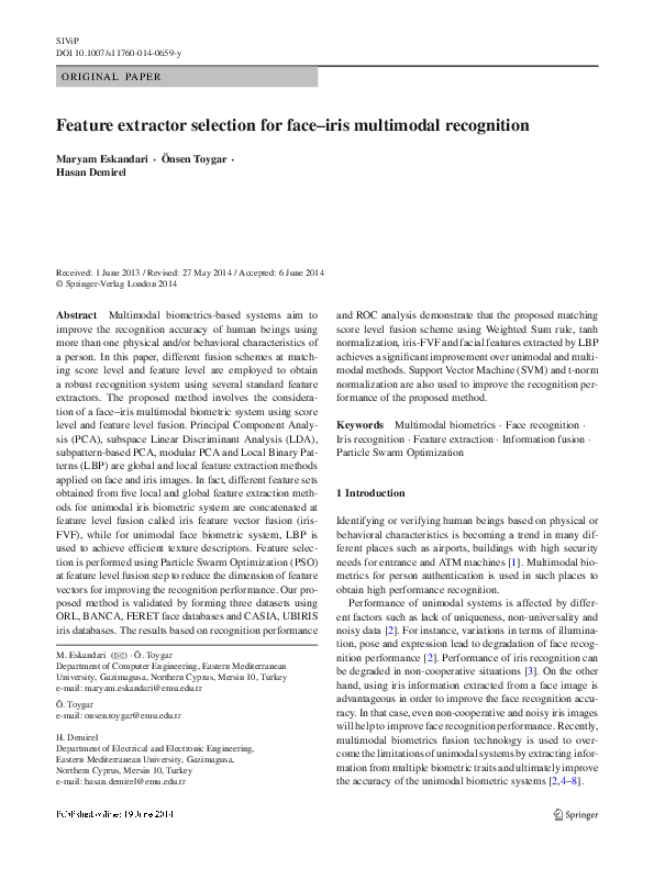(PDF) Feature extractor selection for face–iris multimodal recognition